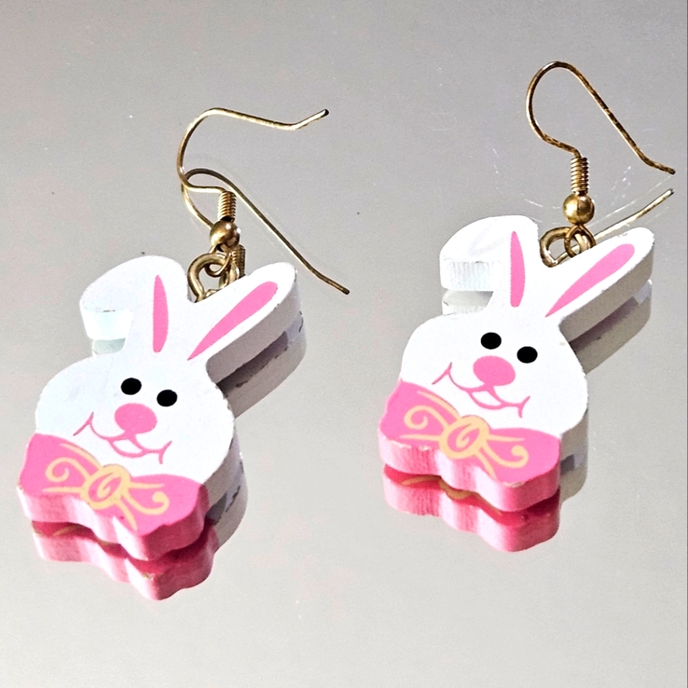 Cute Vintage Easter Bunny Earrings with Pink Bows
